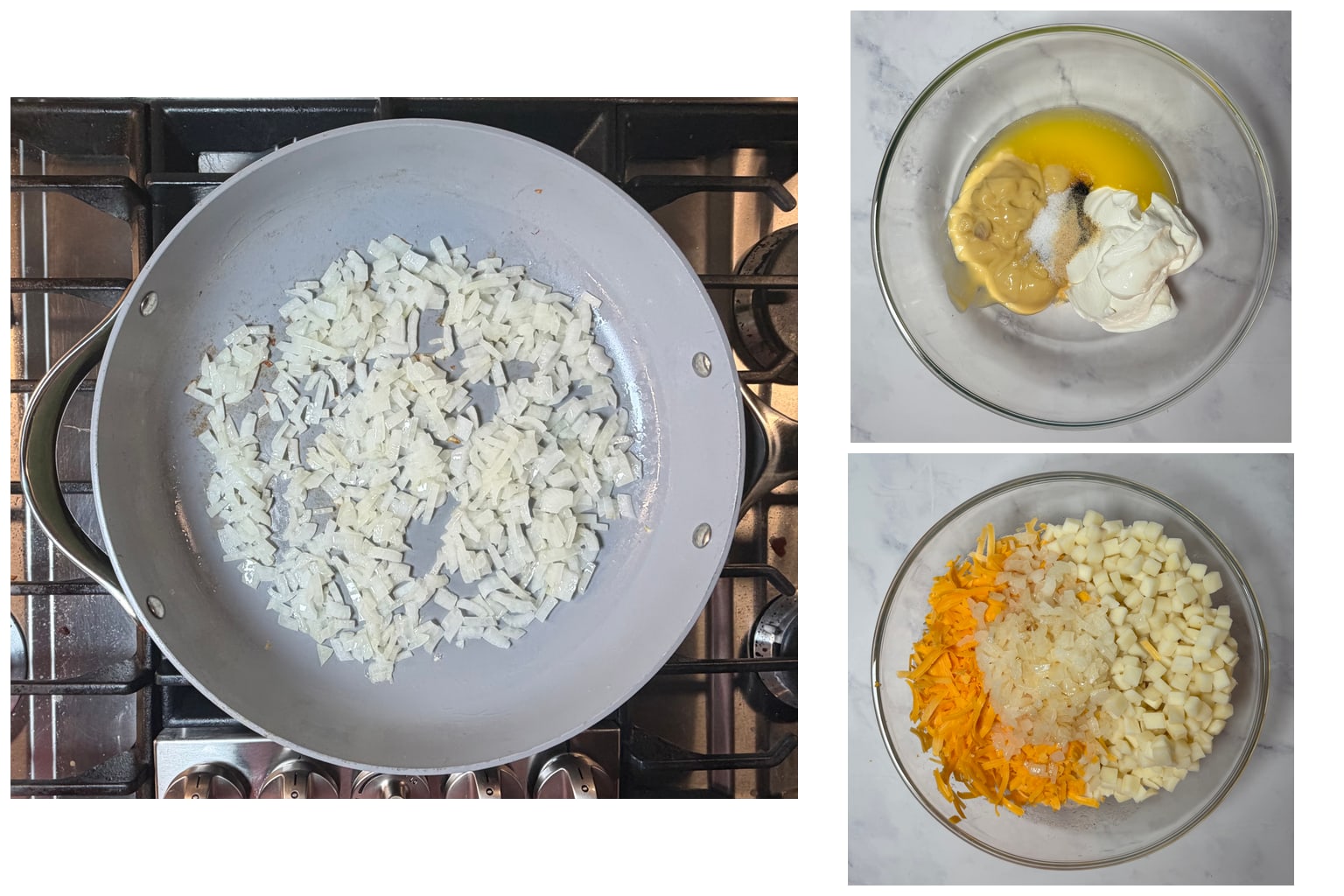 Step-by-step process of making funeral potatoes: sautéing onion, mixing the creamy sauce, then combining hash browns, cheddar cheese, and onion.
