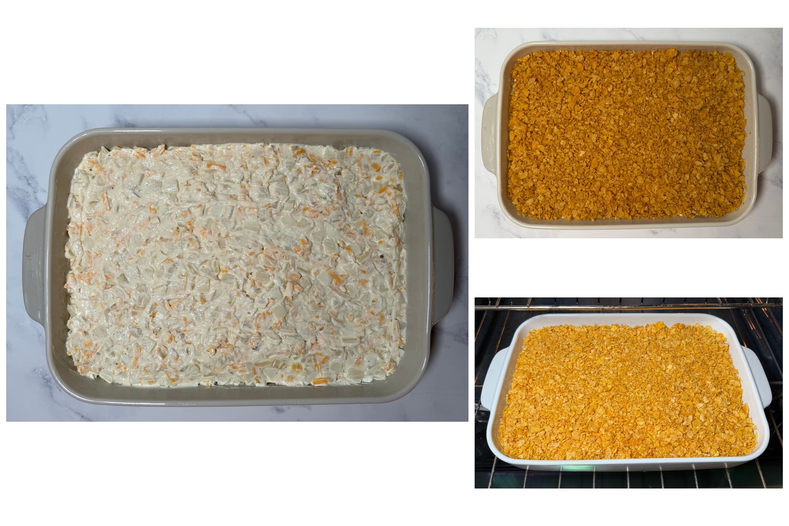 Step-by-step process of assembling and baking funeral potatoes: spreading the potato mixture in a baking dish, topping with buttered cornflakes, and baking until golden.