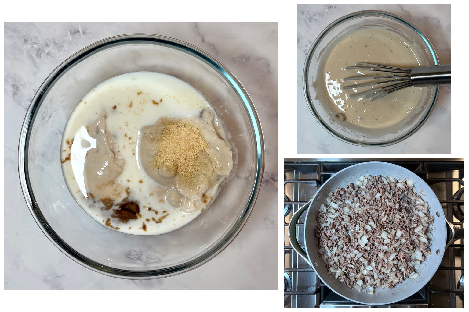 Step-by-step process of making Hamburger Potato Casserole: whisking together the creamy sauce and browning ground beef with onions in a skillet.