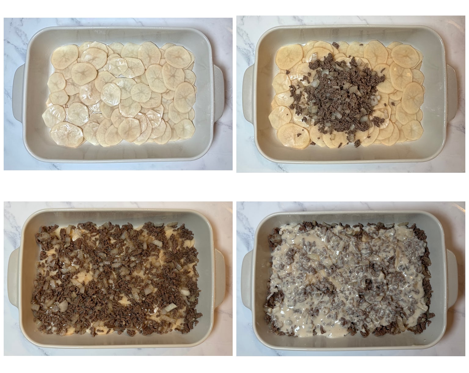 Step-by-step process of assembling Hamburger Potato Casserole: layering sliced potatoes in a baking dish, adding the cooked beef mixture, pouring over the creamy sauce, and sprinkling with cheddar cheese.
