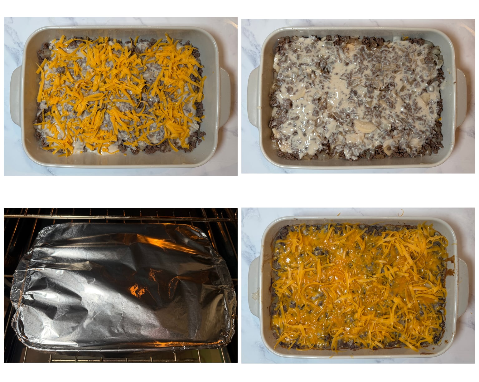 Step-by-step process of finishing Hamburger Potato Casserole: topping with cheese, covering with foil, baking until the potatoes are tender, and uncovering to melt the cheese.