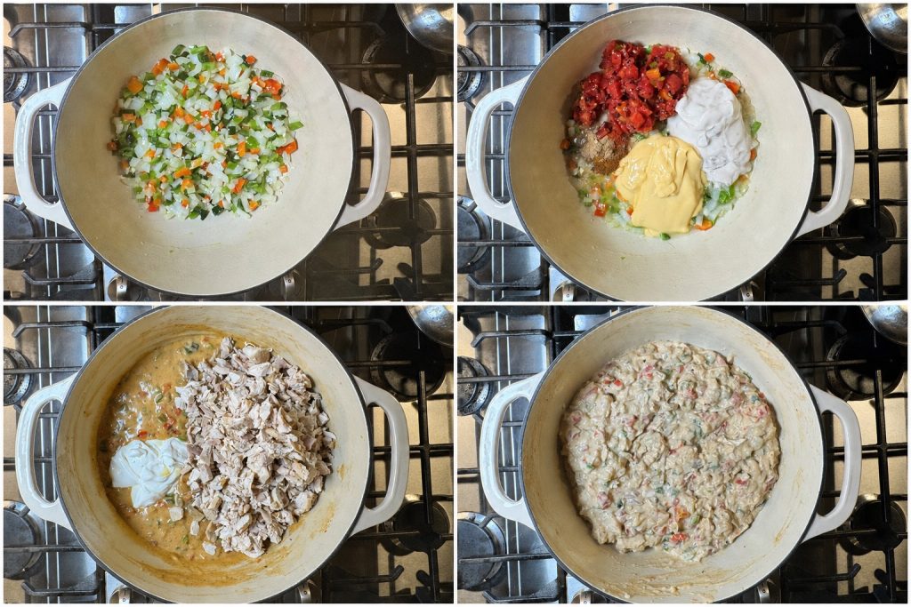 Step-by-step process of making king ranch chicken casserole filling: sautéing onions and bell peppers, stirring in soups, Rotel, broth, sour cream, seasonings, and chopped chicken.