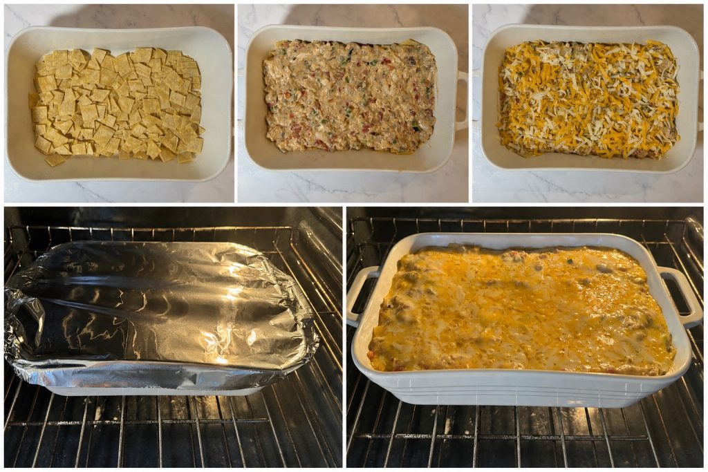 Step-by-step process of assembling and baking king ranch chicken casserole: layering corn tortillas, creamy chicken filling, and shredded cheese, then baking covered and uncovered until hot and melted.