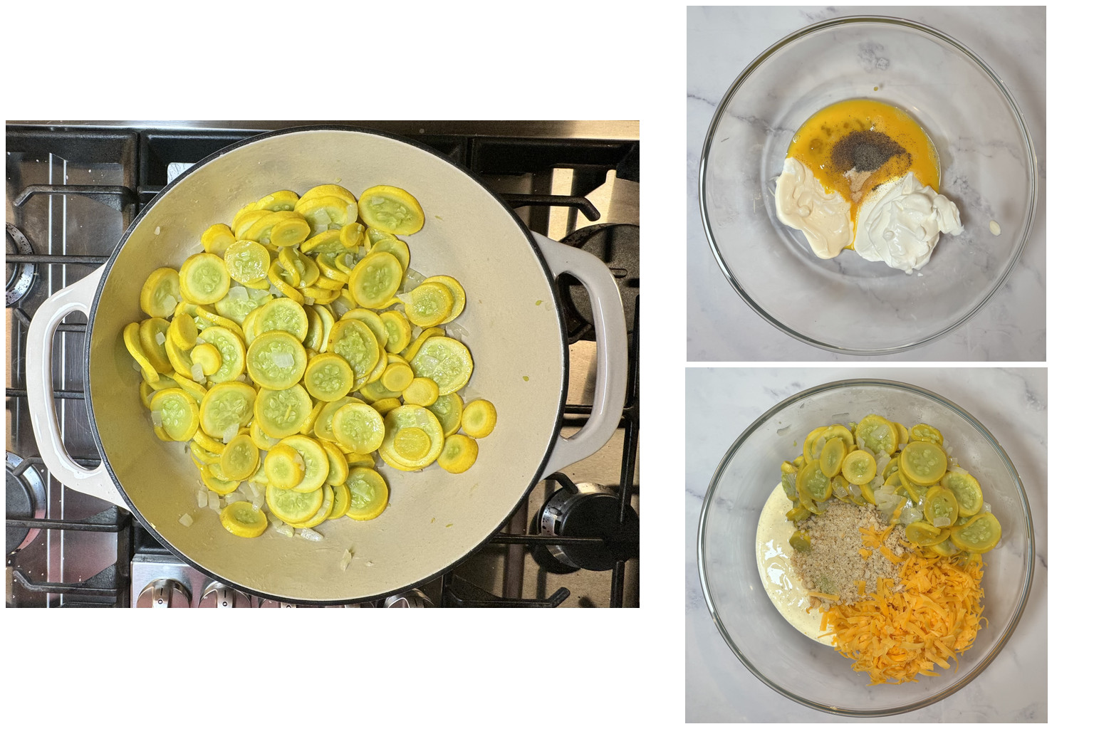 Step-by-step process of making southern summer squash casserole: cooking sliced yellow squash with onion, mixing the creamy egg and sour cream filling, then combining squash with cheese and cracker crumbs.