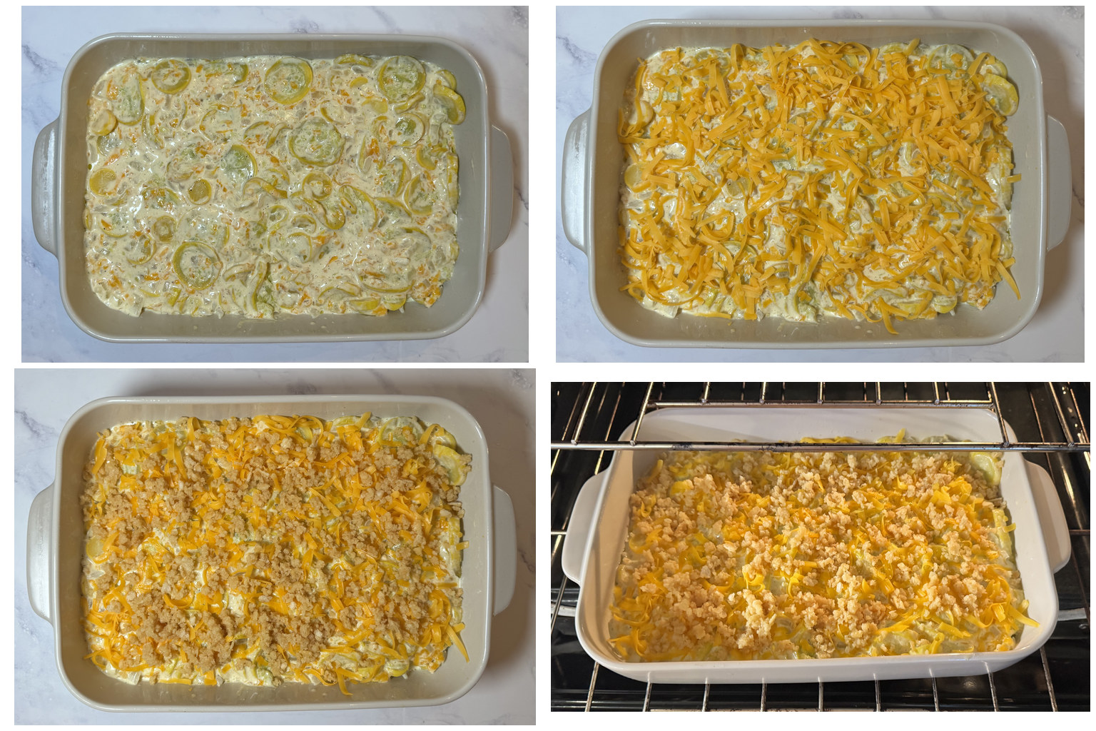 Step-by-step process of assembling and baking southern summer squash casserole: spreading the squash mixture in a baking dish, topping with cheddar cheese and buttery cracker crumbs, then baking until golden.